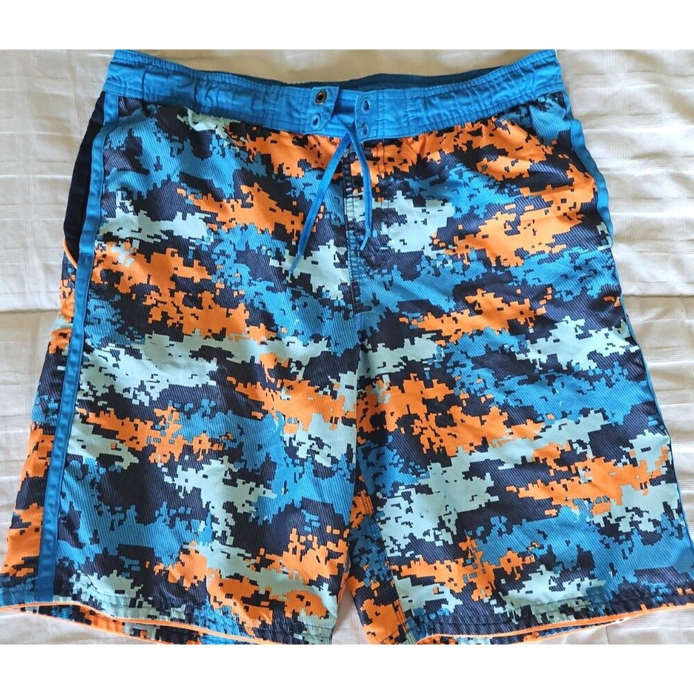Nike Swim Trunks Mens XL 34 Lined Shorts Orange Blue Digital Camo 10" Inseam